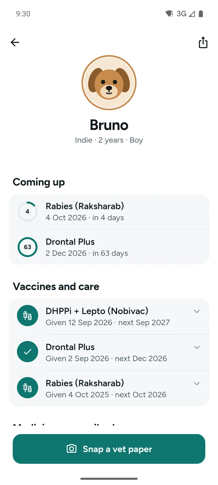 Bruno's Health Passport in Thapki: rabies due in 4 days, deworming in 63 days, and his vaccines so far.